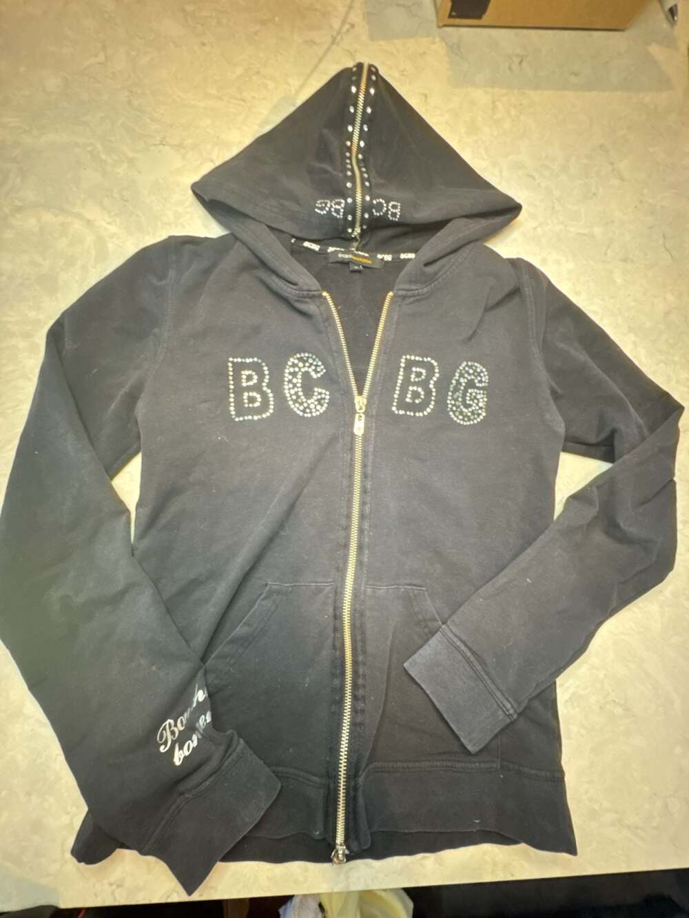 Bcbgmaxazria Full Zip Hoodie Size S Black Rhinestone